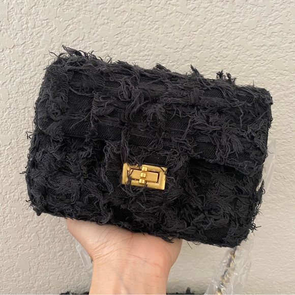 Black Fringe Tweed Leather Classic Single Flap Crossbody Chain Bag Medallion C2 - Picture 14 of 14